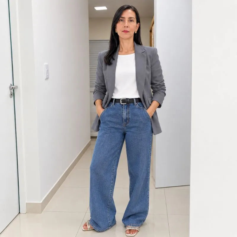 Blazer Cinza Feminino Alfaiataria sem forro e com bolsos