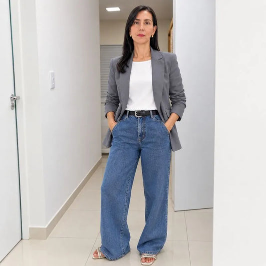 Blazer Cinza Feminino Alfaiataria sem forro e com bolsos
