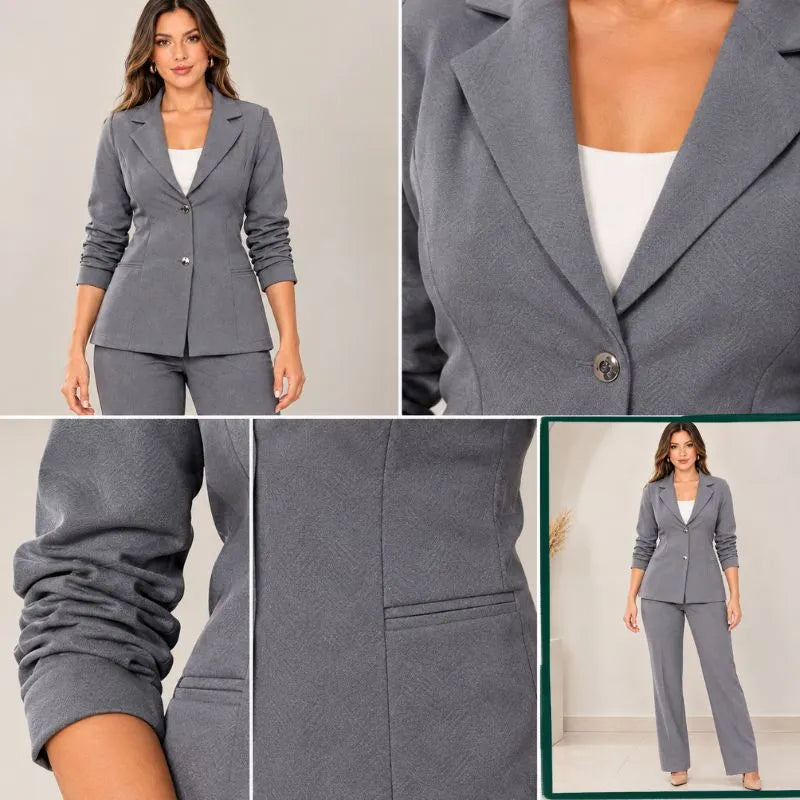 Blazer Feminino Cinza Detalhes Bolso Botão e Manga