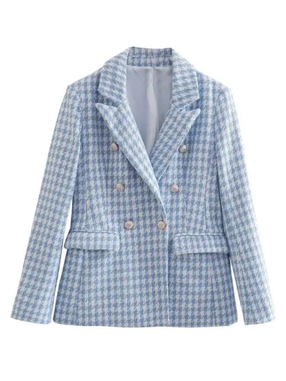 Blazer feminino xadrez azul claro