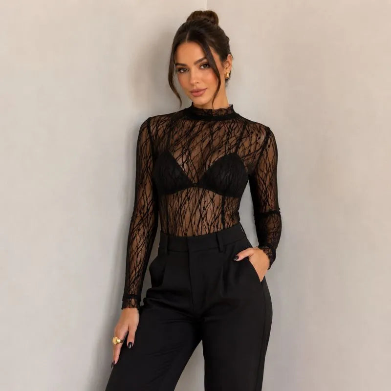 Body Renda Preto Manga Longa 
