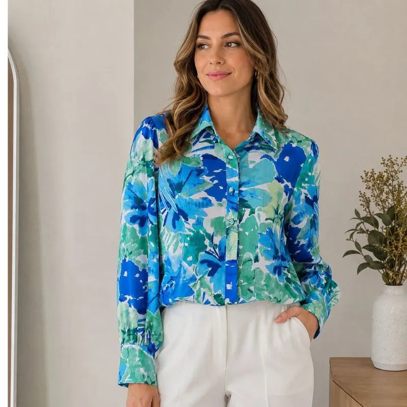 Camisa Feminina Social Estampada Verde e Azul