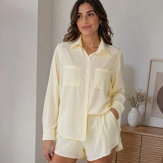 Conjunto Camisa e Short Feminino Amarelo Claro
